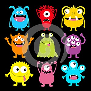 Cute monster colorful round silhouette icon set. Eyes, tongue, tooth fang, hands up. Cartoon kawaii scary funny baby character. photo