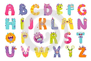 Cute monster English alphabet, spooky font and creepy numbers set with dead zombie, ghost