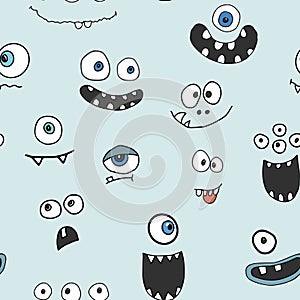 Cute monster faces seamless pattern. Cartoon monsters background. Vector illustration
