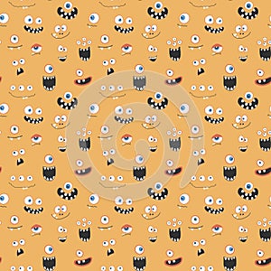 Cute monster faces seamless pattern. Cartoon monsters background. Vector illustration