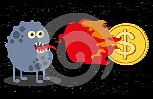 Cute monster with fire and dollar coin.