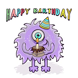 Cute monster, funny cartoon character, birthday card, colorful hand drawing. Cheerful purple fluffy fairy tale creature in festive