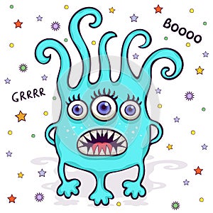 Cute monster, funny cartoon character, colorful hand drawing. Cheerful blue fairy tale creature with many eyes and paws and a