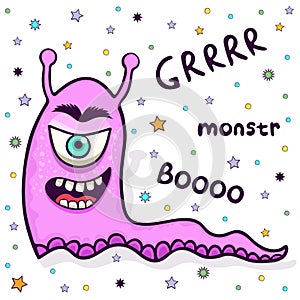 Cute monster, funny cartoon character, colorful hand drawing. Cheerful purple one-eyed fairy tale creature crawls on tail