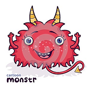 Cute monster, funny cartoon character, colorful hand drawing. Cheerful red fluffy fairy tale creature smiling with horns and tail