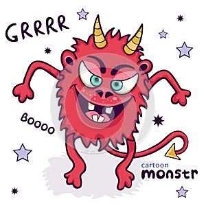 Cute monster, funny cartoon character, colorful hand drawing. Cheerful red fluffy fairy tale creature smiling with horns and tail