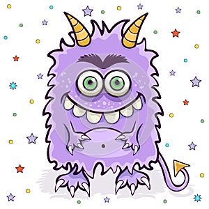 Cute monster, funny cartoon character, colorful hand drawing. Cheerful violet fluffy fairy tale creature with horns, toothy mouth
