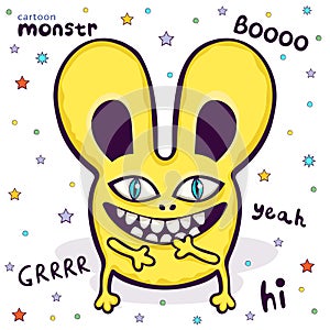 Cute monster, funny cartoon character, colorful hand drawing. Cheerful yellow fluffy fairy tale creature with big ears and a