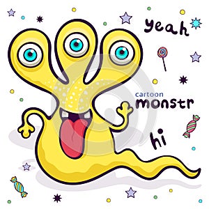 Cute monster, funny cartoon character, colorful hand drawing. Cheerful yellow fluffy fairy tale creature sticking out his tongue