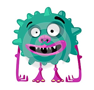 Cute Monster with Funny Face, Toothy Mouth and Long Arms. Green Germ, Alien or Bacteria with Ball Shaped Body