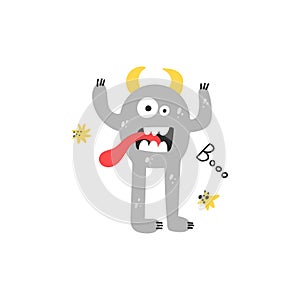 Cute monster. Funny grey creature, little mutant or alien, spooky fantasy character with text, childish collection, kids poster, t