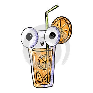 Cute monster glass of orange juice on an isolated white background. Fresh juice with eyes, junk food. Design for poster, print,