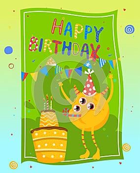 Cute monster at happy birthday party, set vector illustration, funny cartoon beast character at greeting card, alien