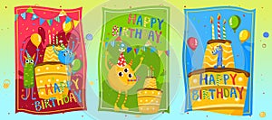 Cute monster at happy birthday party, set vector illustration, funny cartoon beast character at greeting card, alien