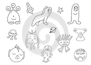 Cute monster icons set in outline style