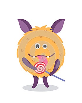 Cute monster mascot with lollipop.