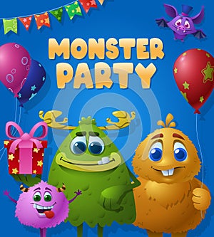 Cute monster party poster with fantasy creatures