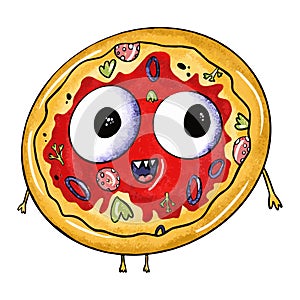 Cute monster round pizza on an isolated white background. Fast food with eyes, junk food. Design for poster, print, kids menu.