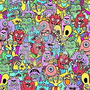 Cute monster seamless pattern, funny cartoon character, doodle print, fashion fabric, textile design. Cheerful bright colorful