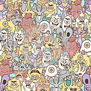 Cute monster seamless pattern, funny cartoon character, doodle print, fashion fabric, textile design. Cheerful colorful pastel