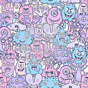 Cute monster seamless pattern, funny cartoon character, doodle print, fashion fabric, textile design. Cheerful colorful pastel