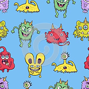 Cute monster seamless pattern, funny cartoon character print, children`s decor, fabric, textile design. Cheerful colorful fairy