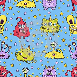 Cute monster seamless pattern, funny cartoon character print, children`s decor, fabric, textile design. Cheerful colorful fairy cr