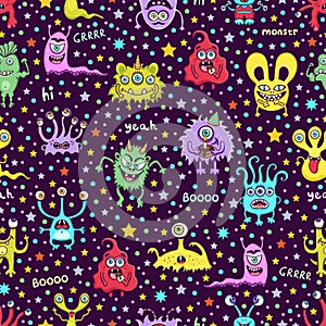 Cute monster seamless pattern, funny cartoon character print, fabric, textile design. Cheerful colorful fairy creatures on dark