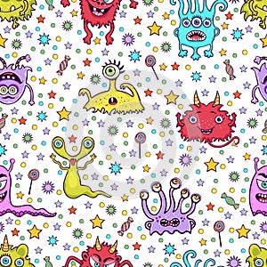 Cute monster seamless pattern, funny cartoon character print, fabric, textile design. Cheerful colorful various fairy creatures on