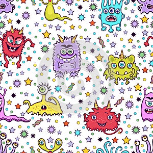 Cute monster seamless pattern, funny cartoon character print, fabric, textile design. Cheerful colorful various fairy creatures on