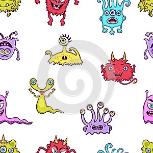 Cute monster seamless pattern, funny cartoon character print, fashion fabric, textile design. Cheerful colorful various fairy