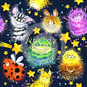 Cute monster seamless pattern. watercolor cartoon space illustration. rocket. Flying saucer. alien