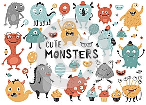 Cute monster set, cartoon character collection for kids.