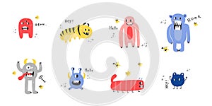 Cute monster set. Funny creatures, little mutant or alien, spooky fantasy characters with text, childish collection, kids poster,