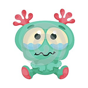 Cute Monster Sitting with His Eyes Full of Tears Vector Illustration