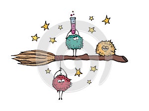 Cute monsters on a broomstick. Cartoon characters. Magician and witchcraft tools. Hand drawn vector illustration