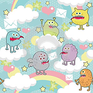 Cute monsters on clouds seamless texture.
