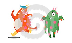 Cute monsters in different actions set. Funny colorful toothy monster characters cartoon vector illustration