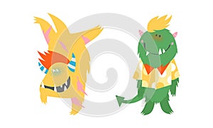 Cute monsters in different actions set. Funny joyful toothy monster characters cartoon vector illustration
