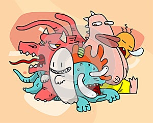 Cute monsters doodle with colorful abstract background in pastel colors.