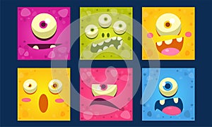 Cute Monsters Emoticons Set, Colorful Mutant Emojis with Funny Faces Vector Illustration