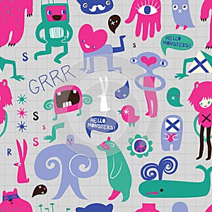 Cute monsters and freaks. Seamless background. photo