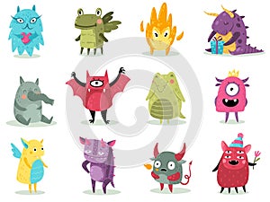 Cute monsters. Funny fabulous incredible creatures with smiles and goofy faces, cartoon alien, dragons and devil spooky