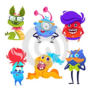 Cute monsters. Happy cartoon mutant and goblin toys. Halloween aliens vector monster set