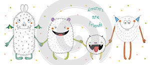 Cute monsters holding hands