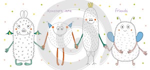 Cute monsters holding hands