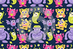 Cute monsters. Patterns of zombies, bats, demons and ghosts