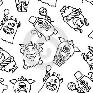 Cute monsters. Seamless pattern. Coloring Page