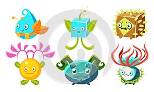 Cute Monsters Set, Fantasy Plants Characters, Mobile or Computer Game User Interface Assets Vector Illustration