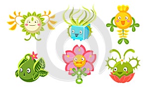 Cute Monsters Set, Funny Fantasy Plants Characters, Mobile or Computer Game User Interface Assets Vector Illustration
